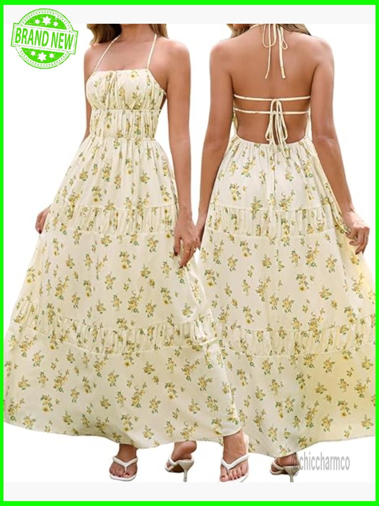 Women's Summer Floral Halter Maxi Dress Backless Boho Sundress A-Line
